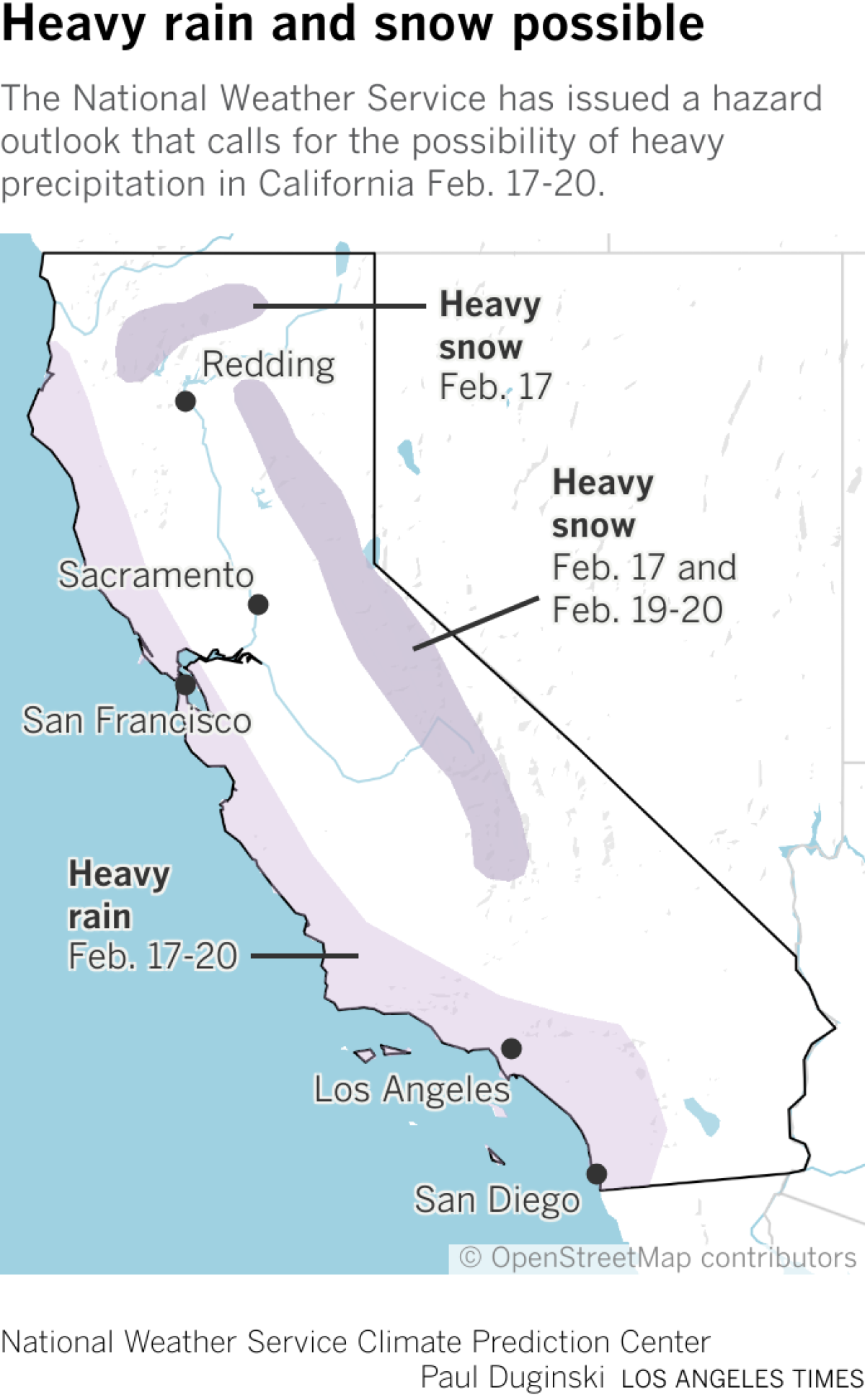 Map of hazard threats for heavy precipitation and heavy snow Feb. 17-20