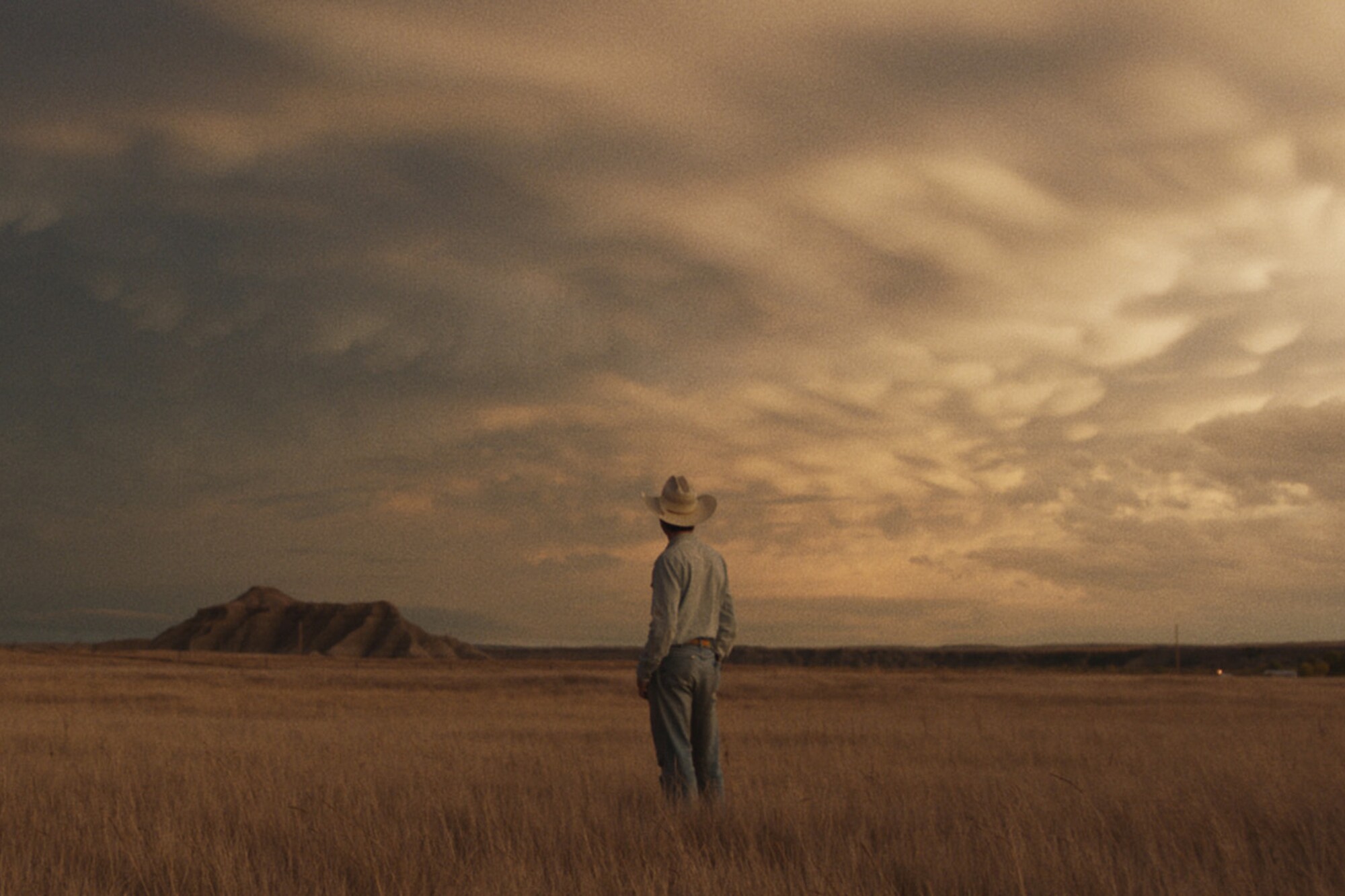 A cowboy stands out on the plains at dusk in "The Rider." 