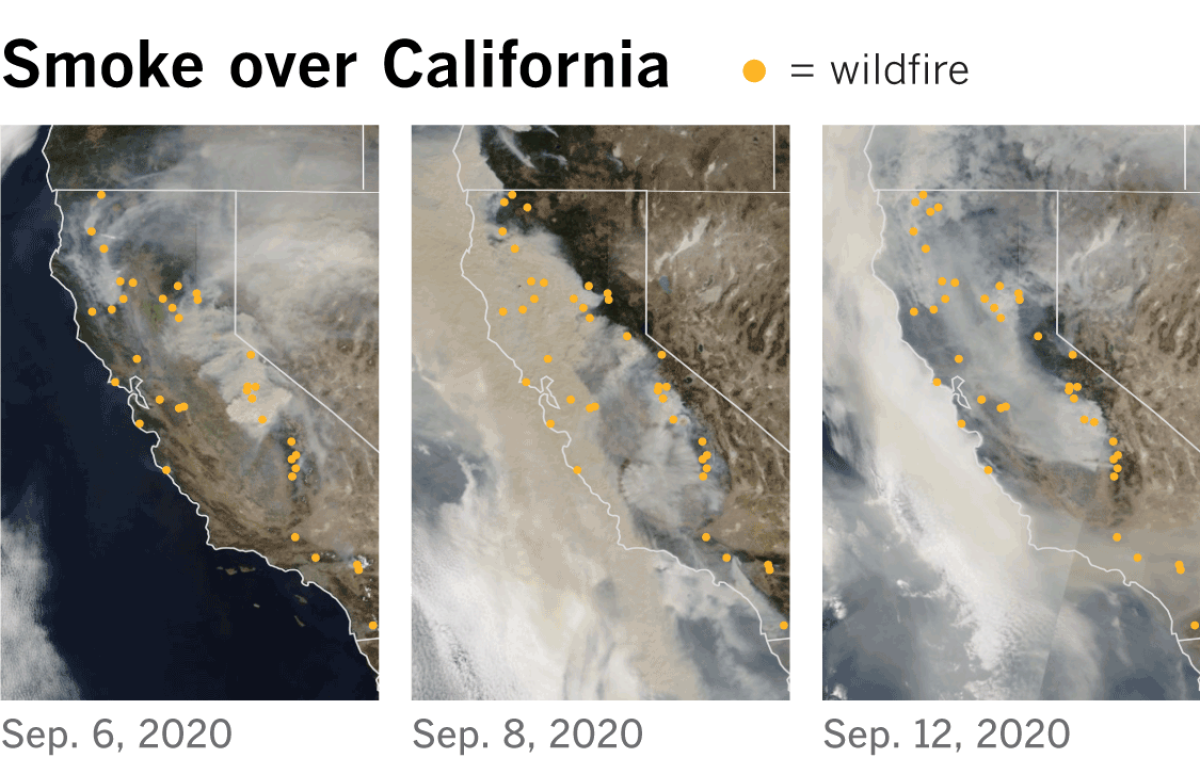 Satellite images show the smoke plumes that rose  above California on Sept. 6 and  blanketed the state by the 12th.