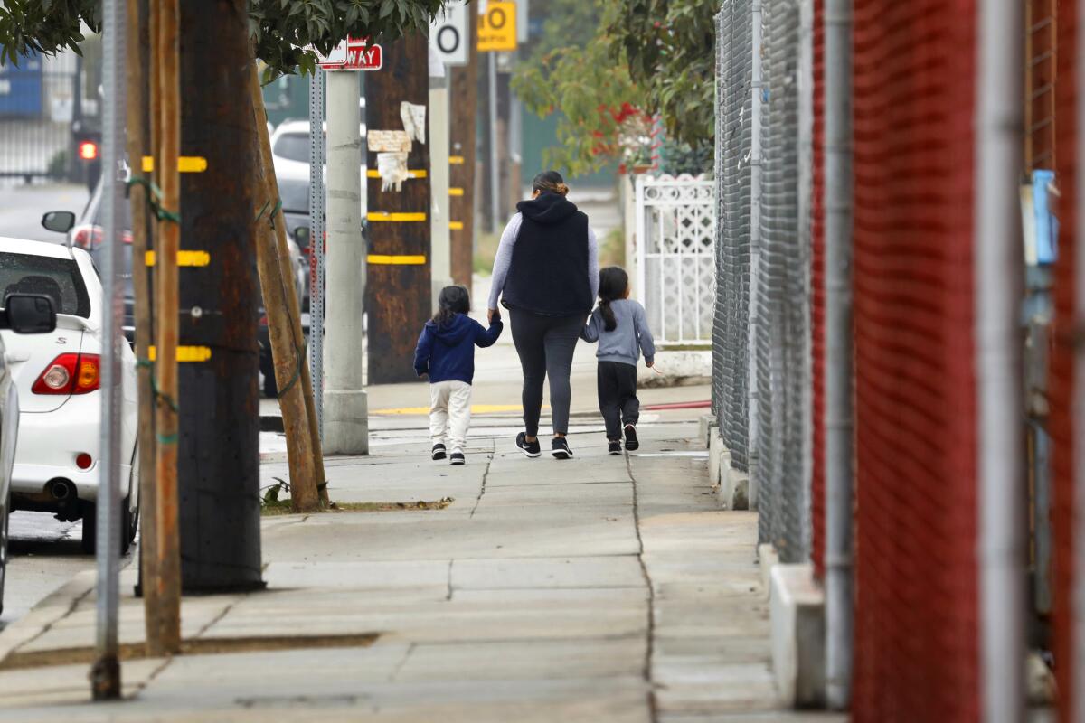 A woman walks down a sidewalk holding hands with two young children