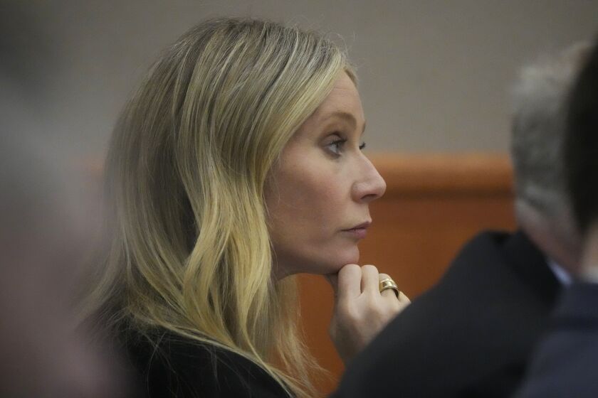 Gwyneth Paltrow sits in court during an objection by her attorney during her trial, Monday, March 27, 2023, in Park City, Utah. Paltrow is accused in a lawsuit of crashing into a skier during a 2016 family ski vacation, leaving him with brain damage and four broken ribs. (AP Photo/Rick Bowmer, Pool)