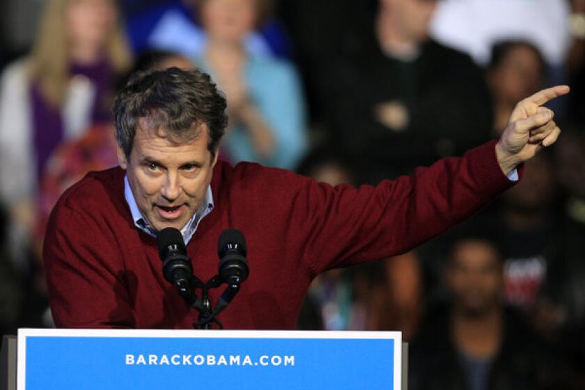 Sen. Sherrod Brown (D-Ohio) speaks at a campaign event for President Obama at Nationwide Arena in Ohio.