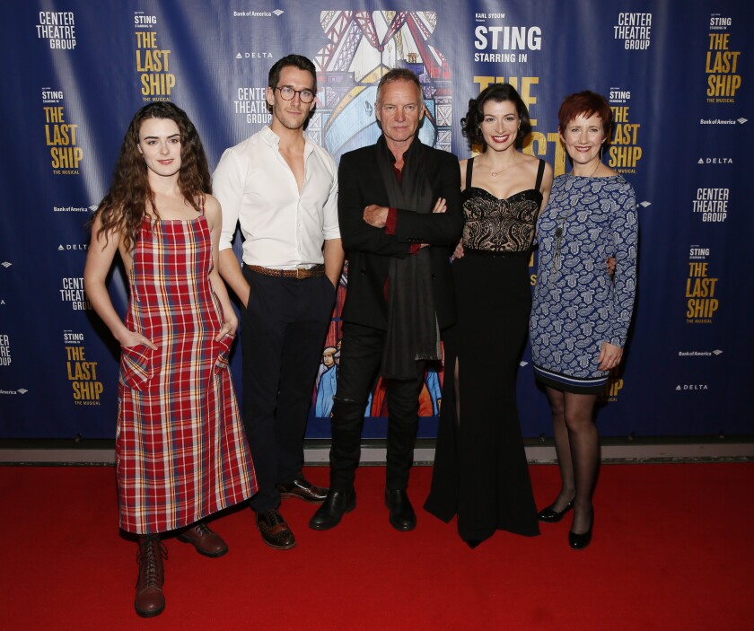 "The Last Ship" cast members Sophie Reid, from left, Oliver Savile, Sting, Frances McNamee and Jackie Morrison before the opening-night performance at the Ahmanson Theatre in Los Angeles on Wednesday. The musical was cocreated by Sting.