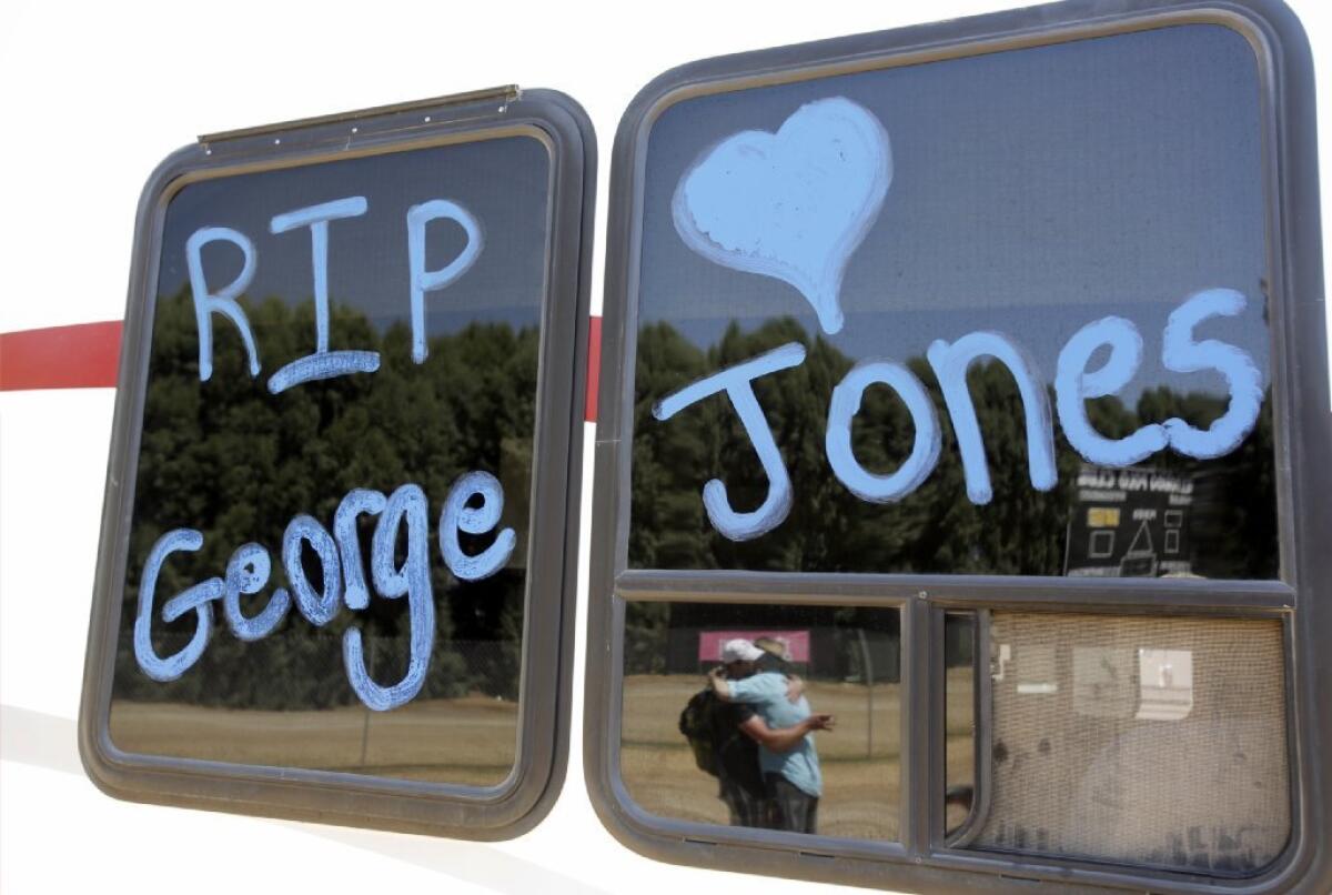 Country music singer George Jones was remembered on a camper window on the first day of the Stagecoach Country Music Festival at the Indio Polo Fields on April 26, 2013.