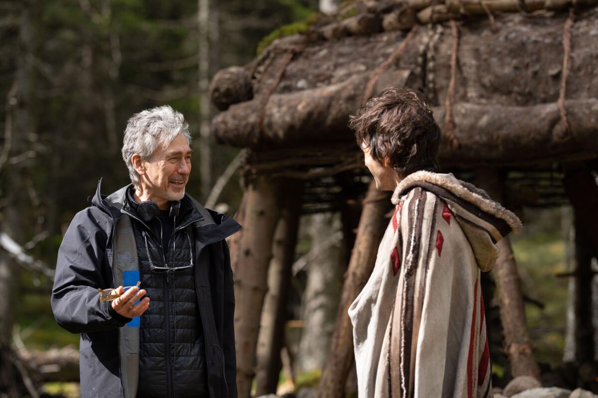 Showrunner Tony Gilroy and star Diego Luna on the set of "Andor."
