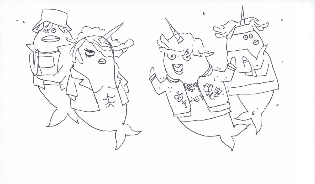 Sketch of four narwhals dressed as pop stars