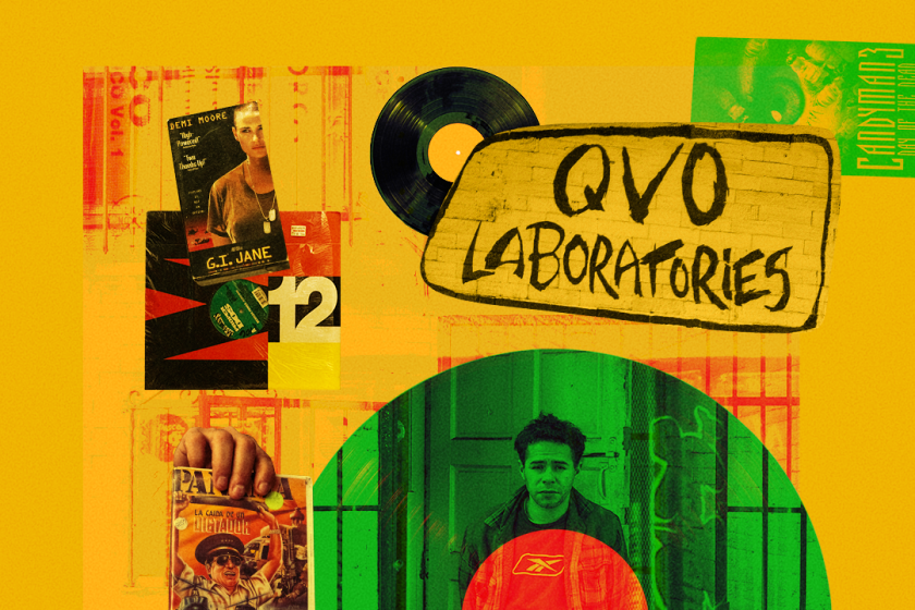 QVO Laboratories collage with records and movies from the thrift store
