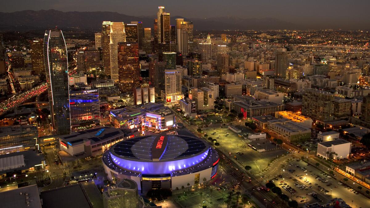 Downtown Los Angeles with the Staples Center in the foreground. The Los Angeles group hoping to secure a USOC bid for the 2024 Olympics will emphasize all that has changed in the city since the Games last visited in 1984.
