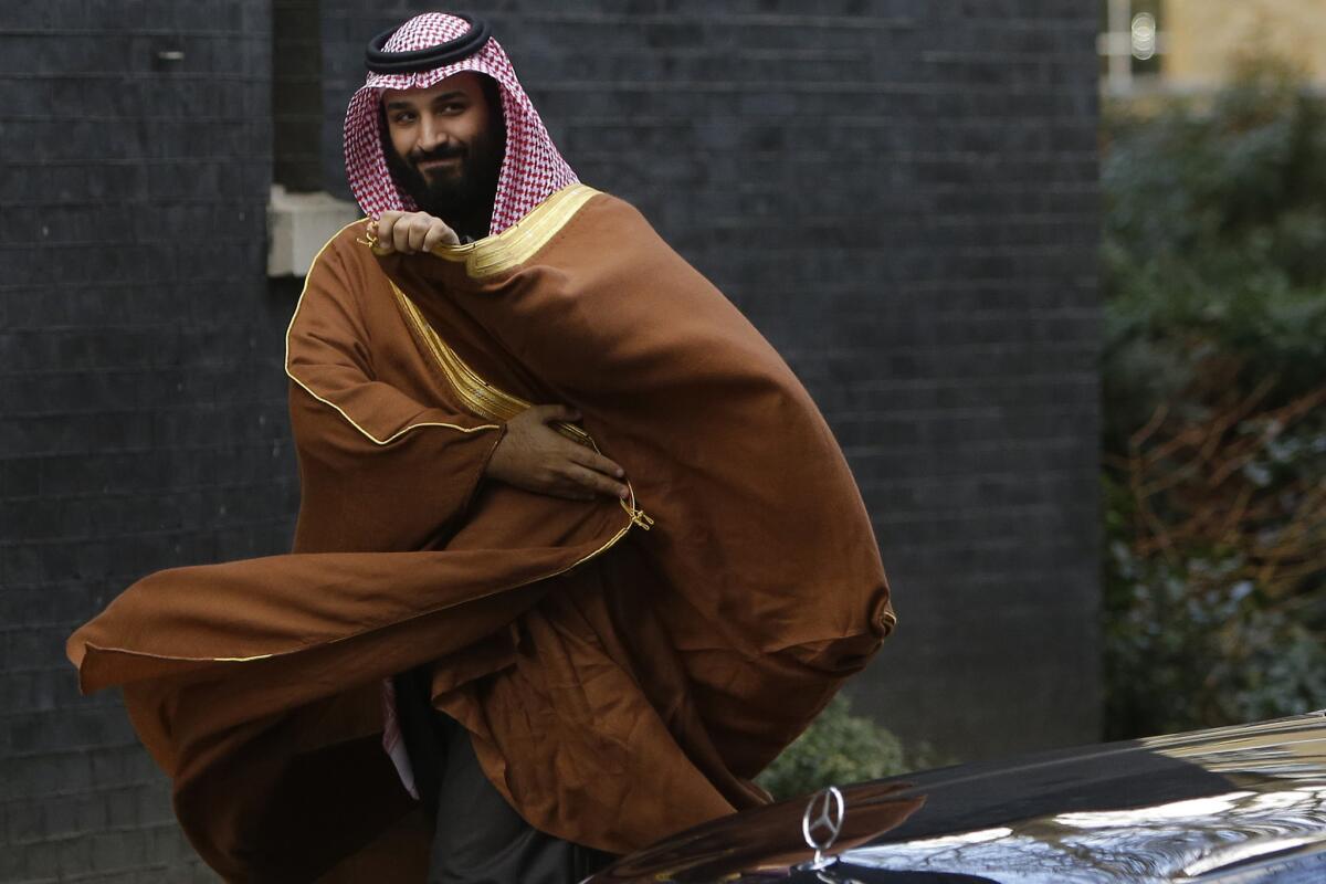 In this March 2018, file photo, Saudi Arabian Crown Prince Mohammed bin Salman arrives to meet British Prime Minister Theresa May outside 10 Downing St. in London.