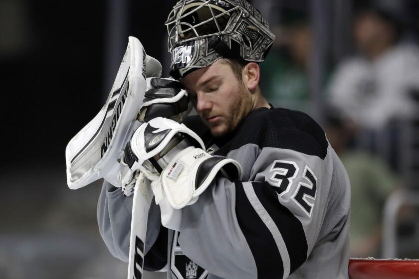 Los Angeles Kings goaltender Jonathan Quick stands in front of the goal after giving up a goal to Florida Panthers' Jonathan Huberdeau during the third period of an NHL hockey game Saturday, March 16, 2019, in Los Angeles. (AP Photo/Marcio Jose Sanchez)