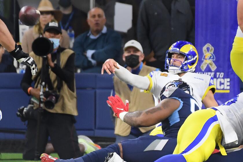 Los Angeles, California November 7, 2021: Rams quarterback Matthew Stafford throws an interception.