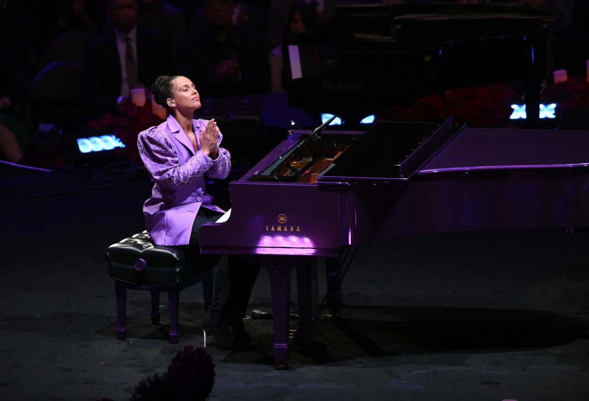 LOS ANGELES, CA., Alicia Keys performs at The Kobe & Gianna Bryant Celebration of Life on Monday at Staples Center on Monday 24, 2020 (Wally Skalij / Los Angeles Times)