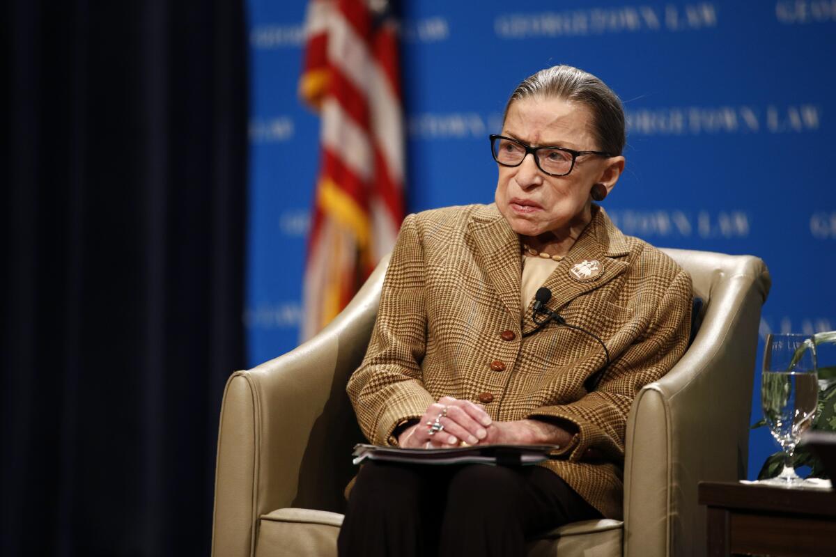 U.S. Supreme Court Associate Justice Ruth Bader Ginsburg speaks during a discussion on the 100th anniversary of the ratification of the 19th Amendment at Georgetown University Law Center in Washington, Monday, Feb. 10, 2020.