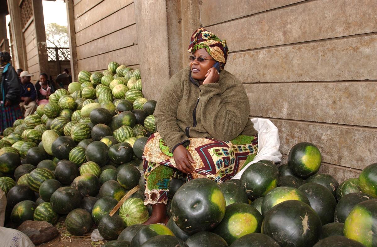 Amina Harun makes a call while selling watermelons at a market in Nairobi, Kenya, in 2005. After years of economic growth in Africa, almost everyone seems to own a cellphone, observes Amadou Sy of the Brookings Institution in Washington.