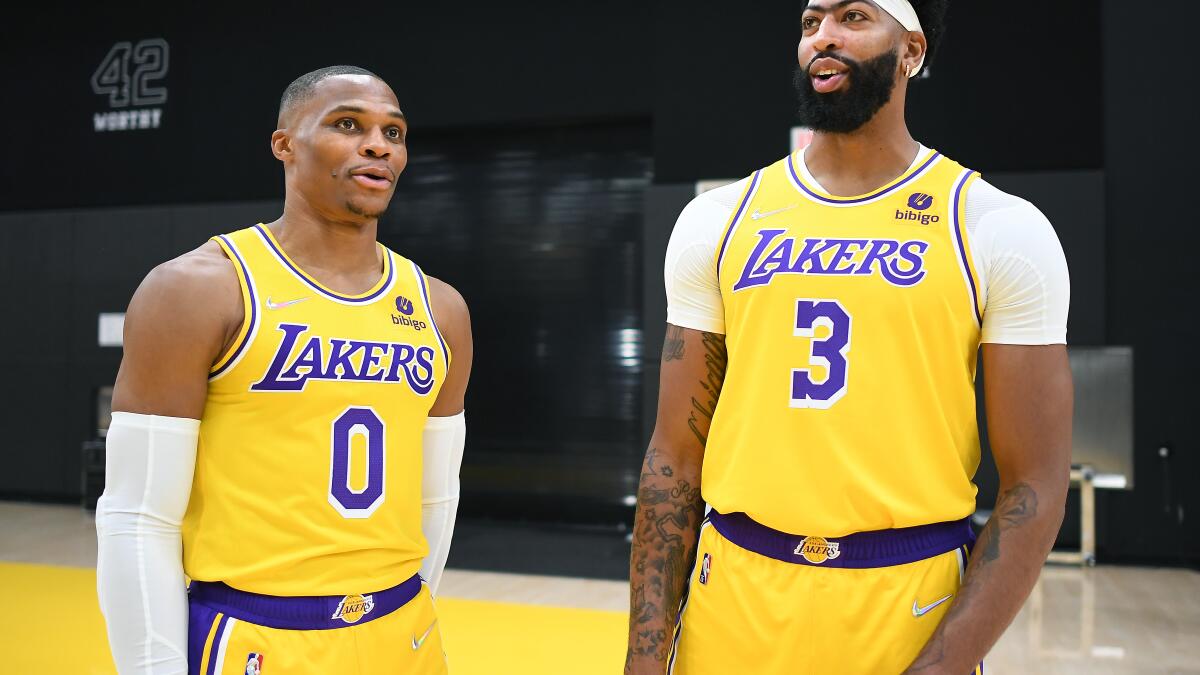 Now Available At the Lakers Team Shop at El Segundo . Authentic Westbrook  and Carmelo Statement Jerseys Get them while they last !