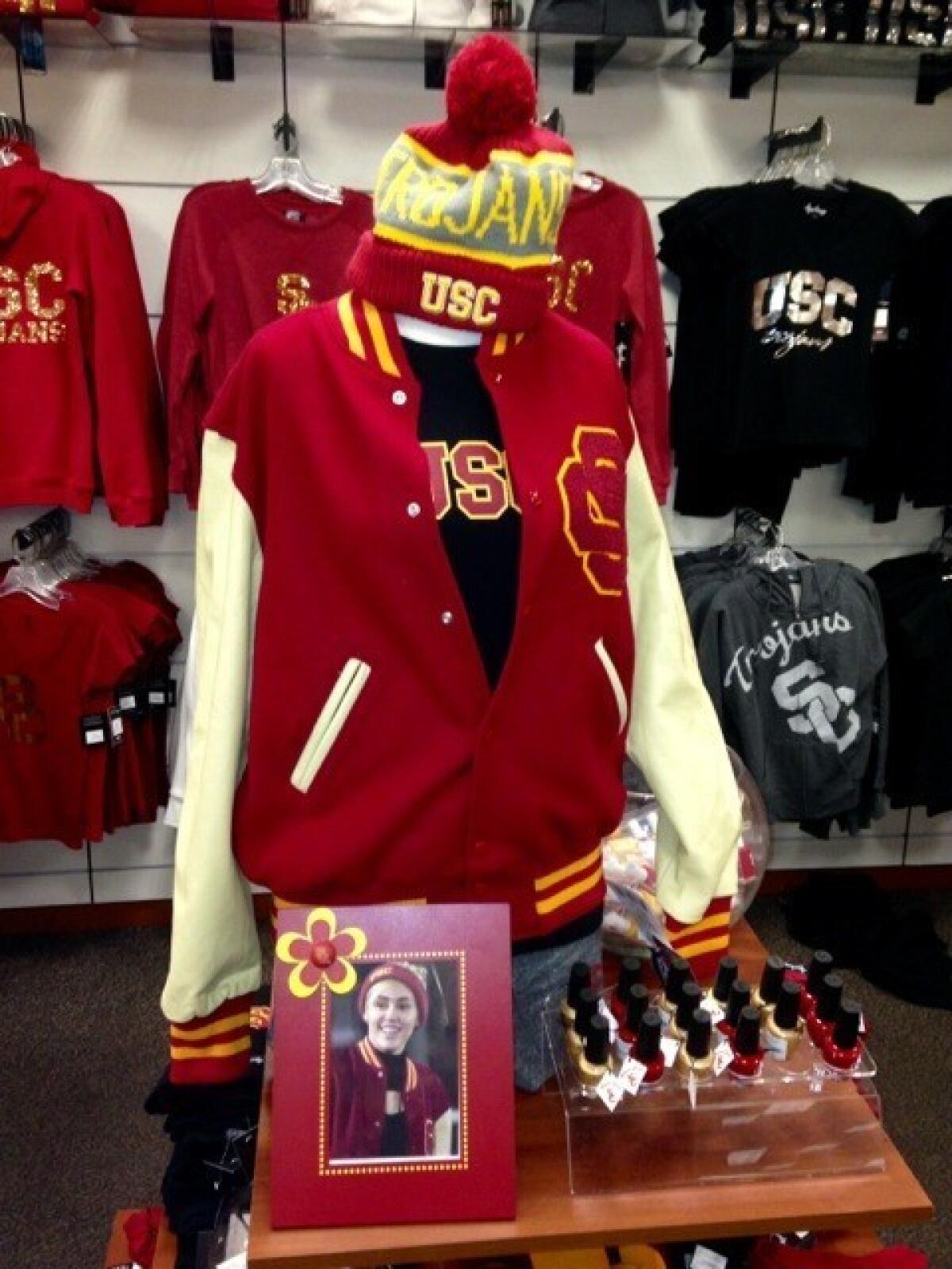 A Miley Cyrus Trojans ensemble is on sale at the USC bookstore.
