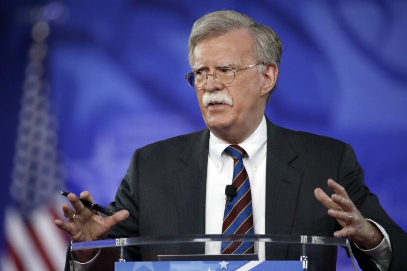 FILE - In this Feb. 24, 2017, file photo, former U.S. Ambassador to the U.N. John Bolton speaks at the Conservative Political Action Conference (CPAC) in Oxon Hill, Md. President Donald is replacing National security adviser H.R. McMaster with Bolton. (AP Photo/Alex Brandon, File)