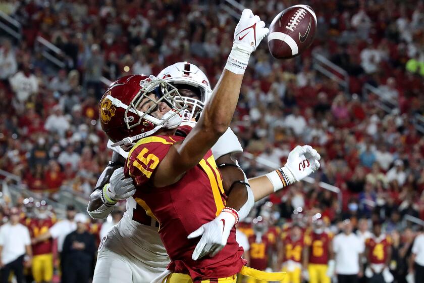 LOS ANGELES, CALIF. - SEP 11, 2021. USC receiver Drake London can't hold on to the ball.