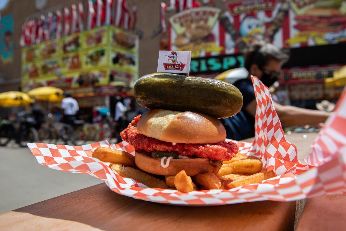 The Kool-Aid Chicken Sandwich at Chicken Charlie's is one of the new food items at the 2022 San Diego County Fair.