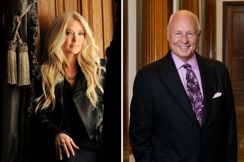 A split image of a blond woman and a bald man in formal attire