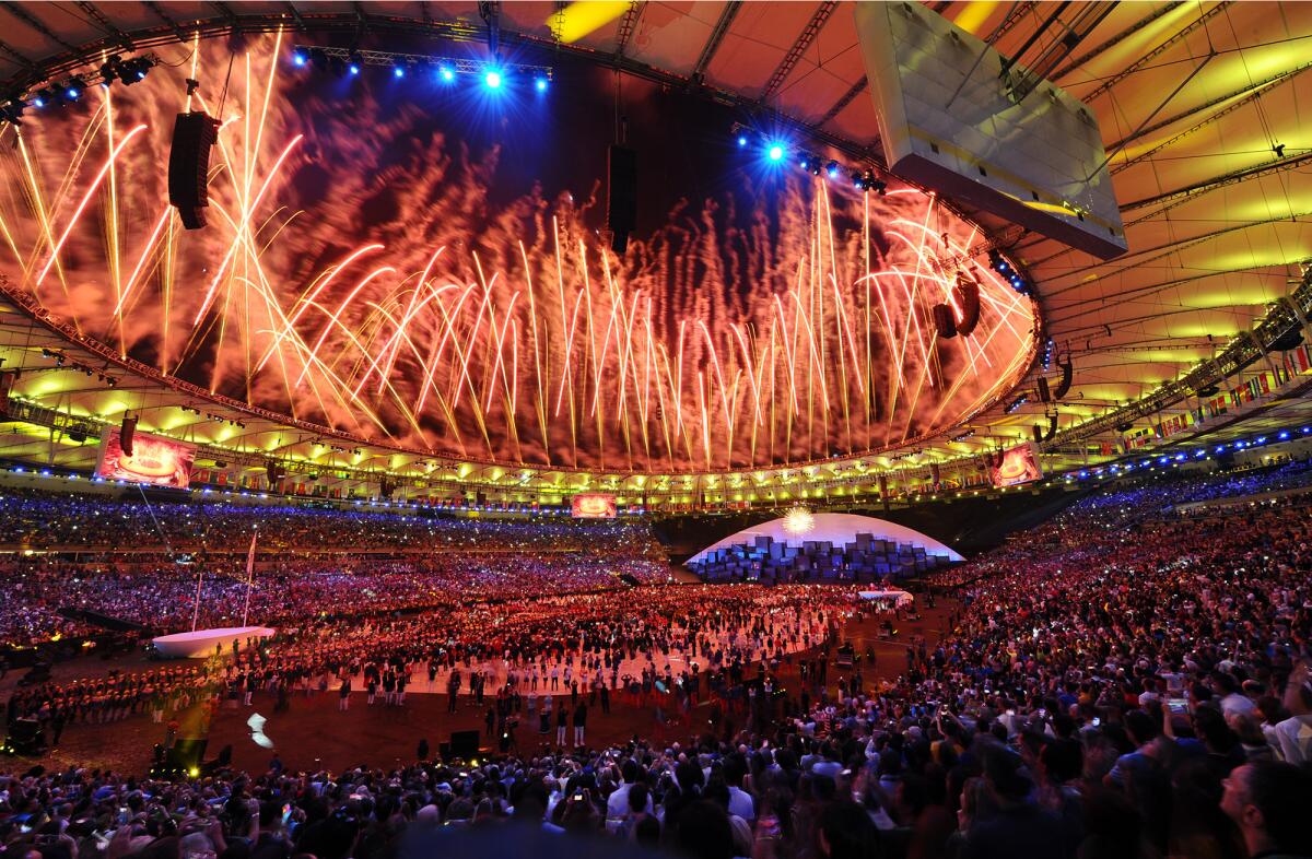 Fountains of fireworks light up Maracaña Stadium during the opening ceremony of the 2016 Olympics in Rio de Janeiro.