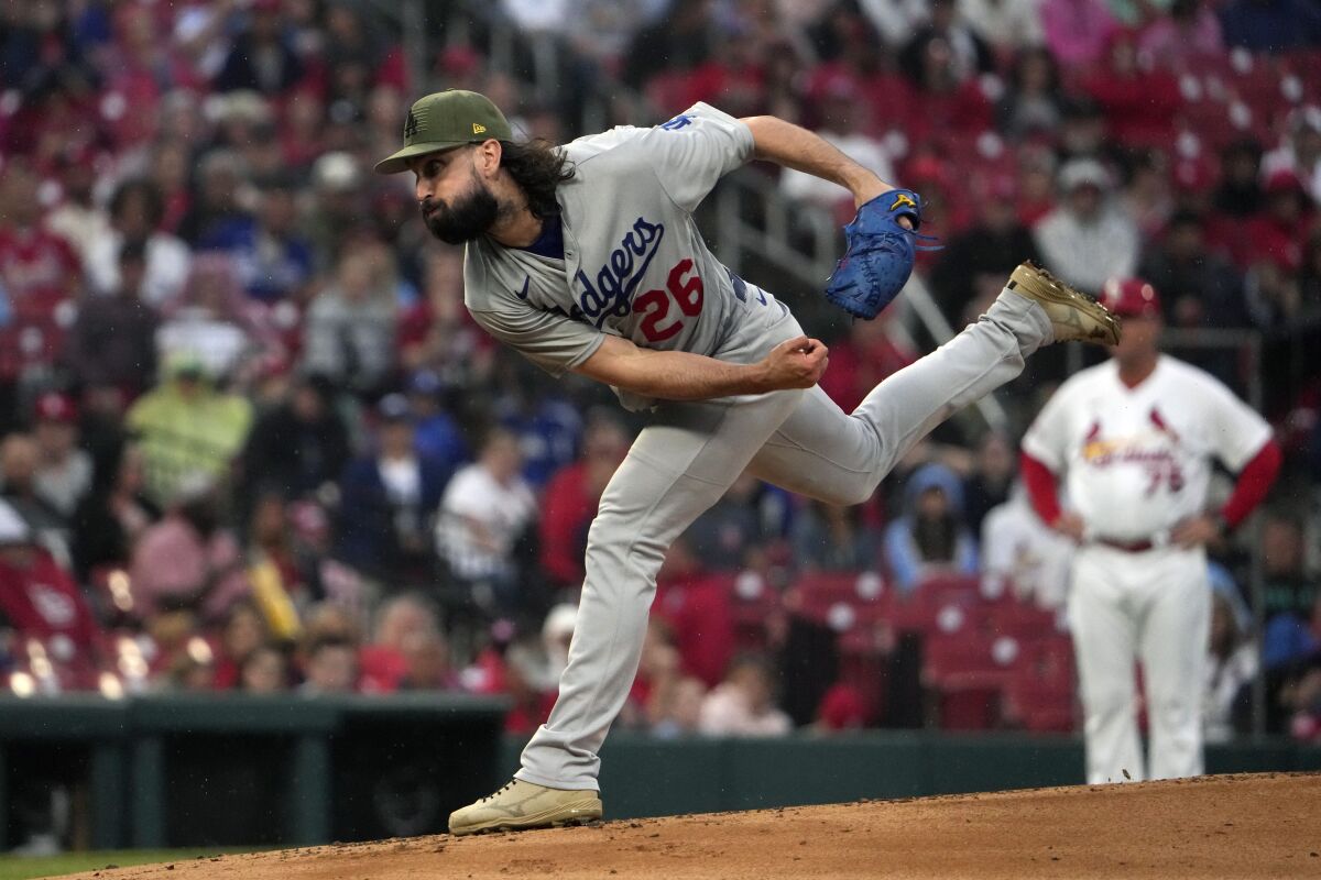 Dodgers starting pitcher Tony Gonsolin delivers during the first inning May 19, 2023.