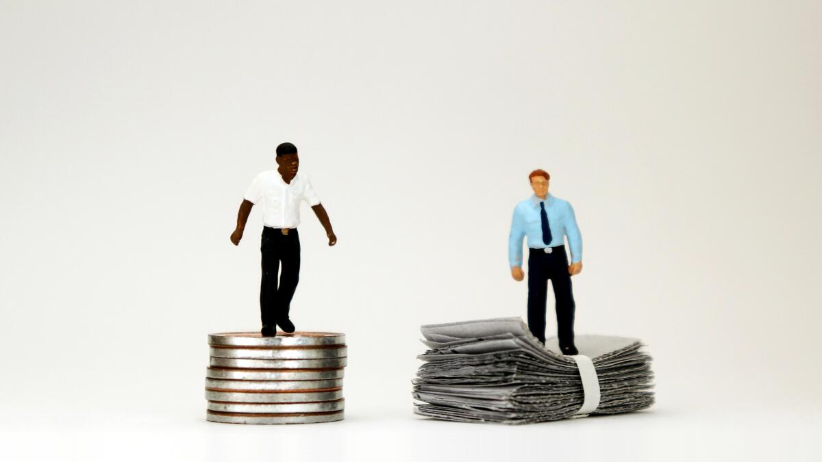 Illustration of a black male figure standing on coins and a white male figure atop cash.