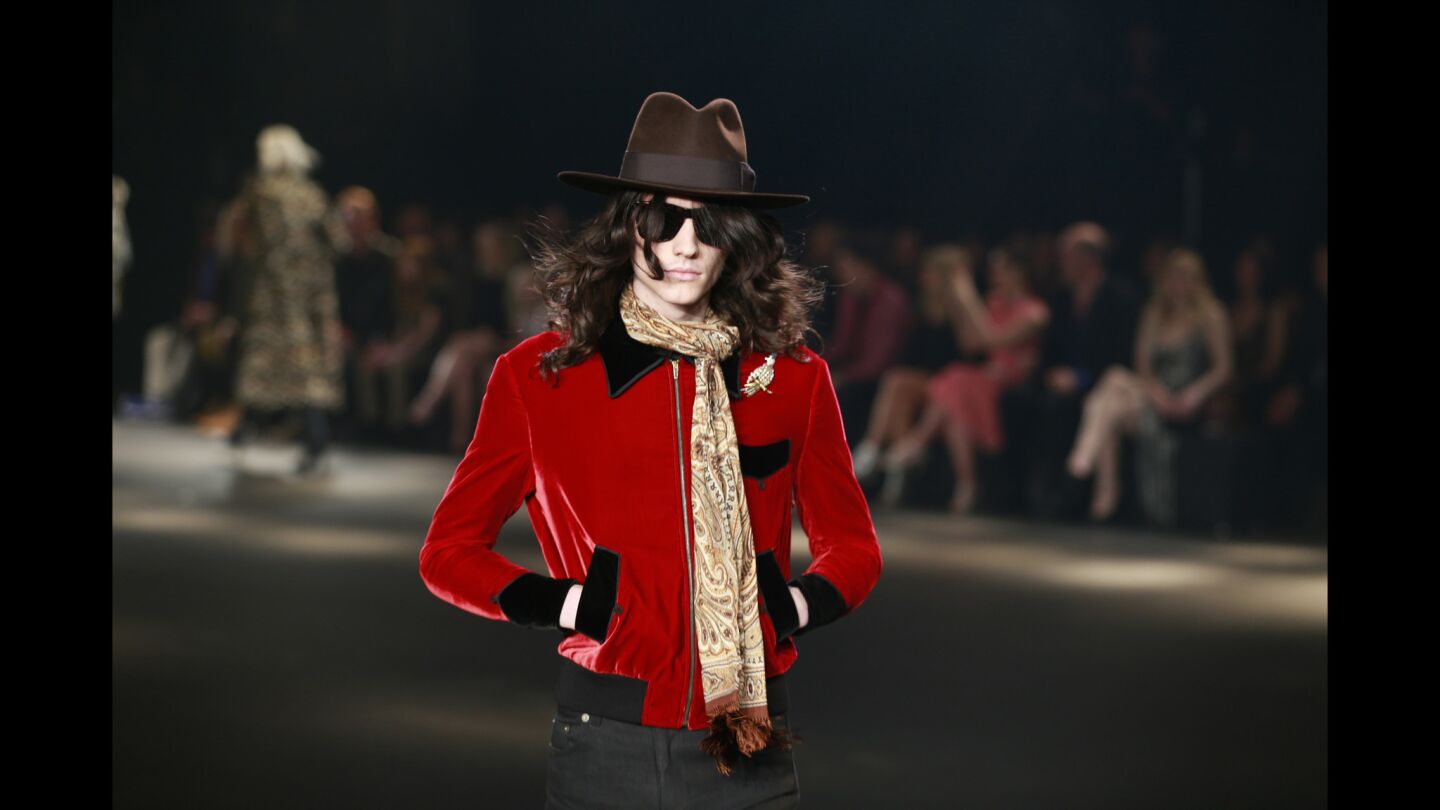A model walks the runway at the Saint Laurent fashion show in Los Angeles.