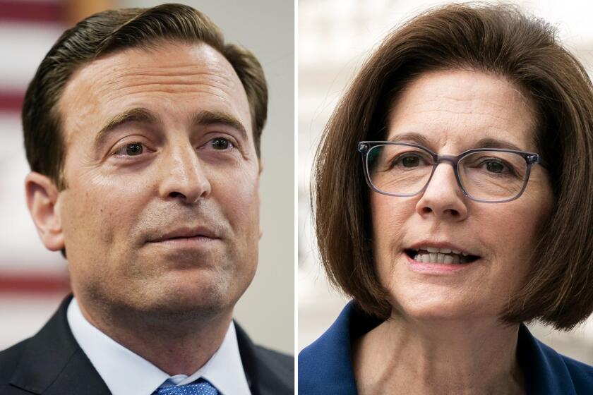 Left, Republican Nevada Senate candidate Adam Laxalt speaks at a news conference Thursday, Aug. 4, 2022, in Las Vegas. Right, Sen. Catherine Cortez Masto, D-Nev., during a news conference on Capitol Hill on April 26, 2022.
