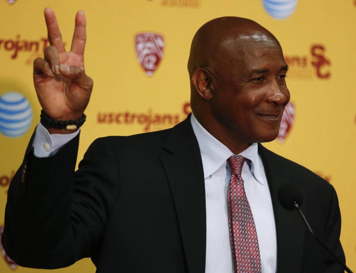 New USC Athletic Director Lynn Swann speaks at a news conference Thursday in the John McKay Center.