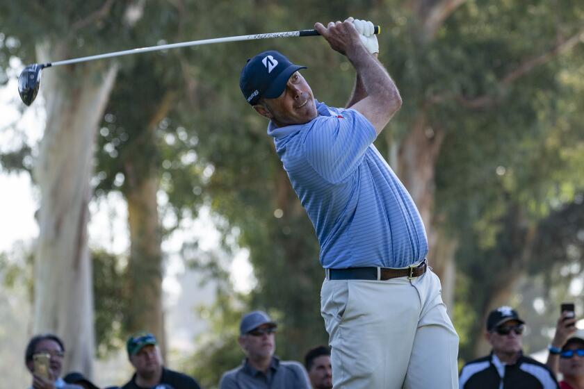 PACIFIC PALISADES, CA - FEBRUARY 14, 2020: Leader Matt Kuchar hits his drive on hole 9 during Round 2 of the Genesis Open at Riviera Country Club on February 14, 2020 in Pacific Palisades, California. He leads at -9.