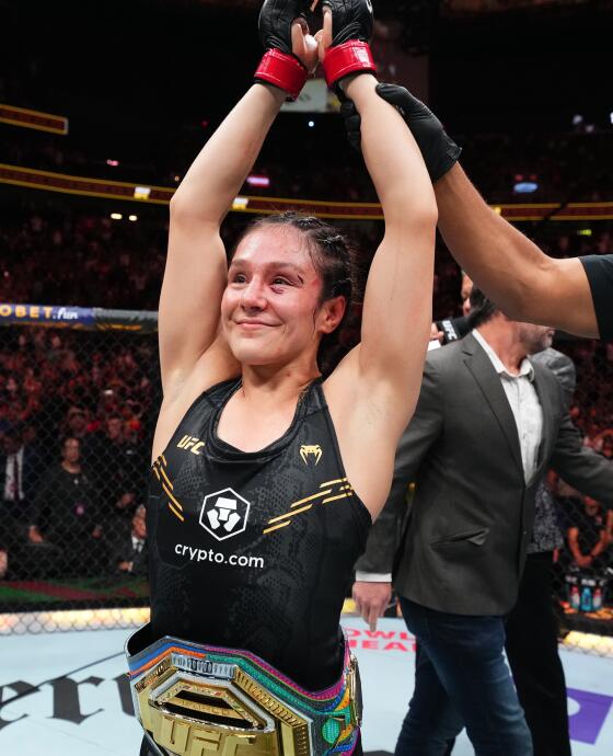 LAS VEGAS, NEVADA - SEPTEMBER 16: Alexa Grasso of Mexico reacts after retaining her title with a draw against Valentina Shevchenko of Kyrgyzstan in the UFC flyweight championship fight during the Noche UFC event at T-Mobile Arena on September 16, 2023 in Las Vegas, Nevada. (Photo by Chris Unger/Zuffa LLC via Getty Images)