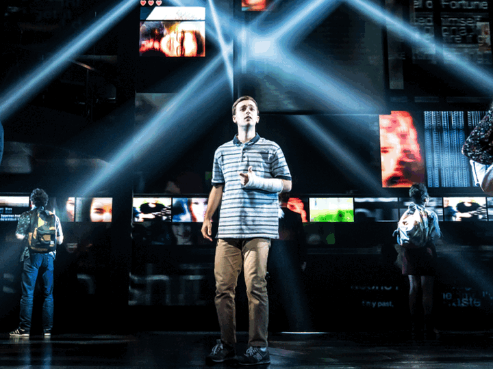A slideshow features a scene from “Dear Evan Hansen,” comic Sarah Silverman and an image from “2001: A Space Odyssey”