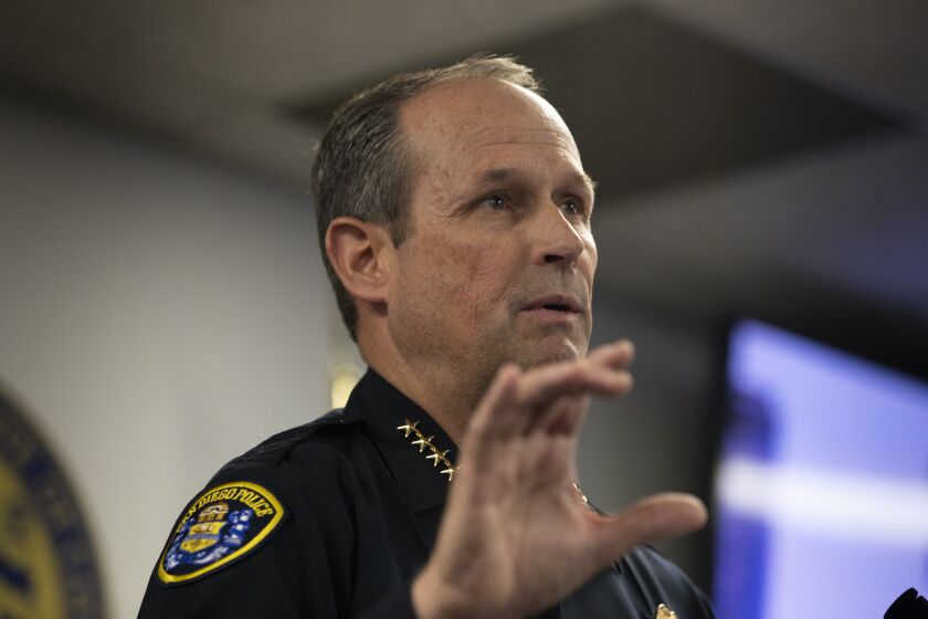 San Diego, CA - February 21: David Nisleit, Chief of the San Diego Police Department, and members of the San Diego Human Trafficking Task Force speak during a press conference at the Police Headquarters on Tuesday, Feb. 21, 2023 in San Diego, CA. The operation known as Operation Better Pathways resulted in the arrests of 48 individuals and rescuing of eight youth under the age of 18 years old. (Ana Ramirez / The San Diego Union-Tribune)