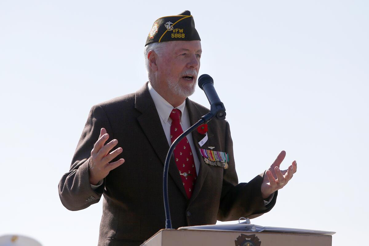 Keynote speaker Col. Charlie Quilter, USMC Ret., addresses the crowd during a Veterans Day ceremony in Laguna Beach.