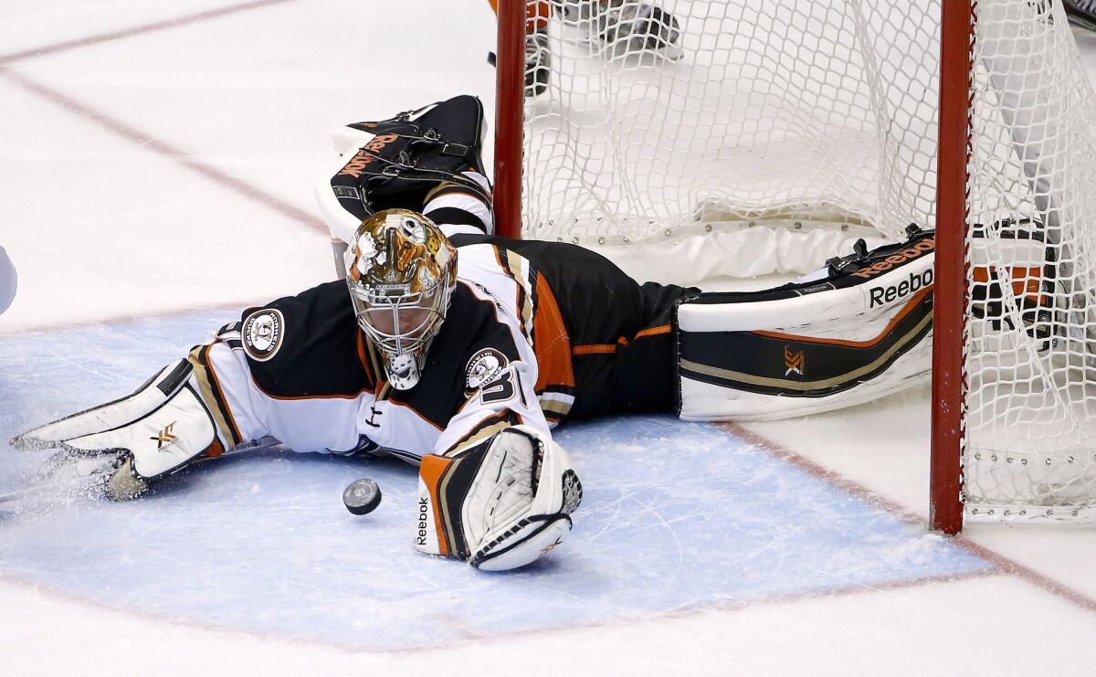Ducks goalie Frederik Andersen makes a diving save. Andersen has compiled a 35-12-5 record, 2.38 goals-against average and .914 save percentage in 54 regular-season games.