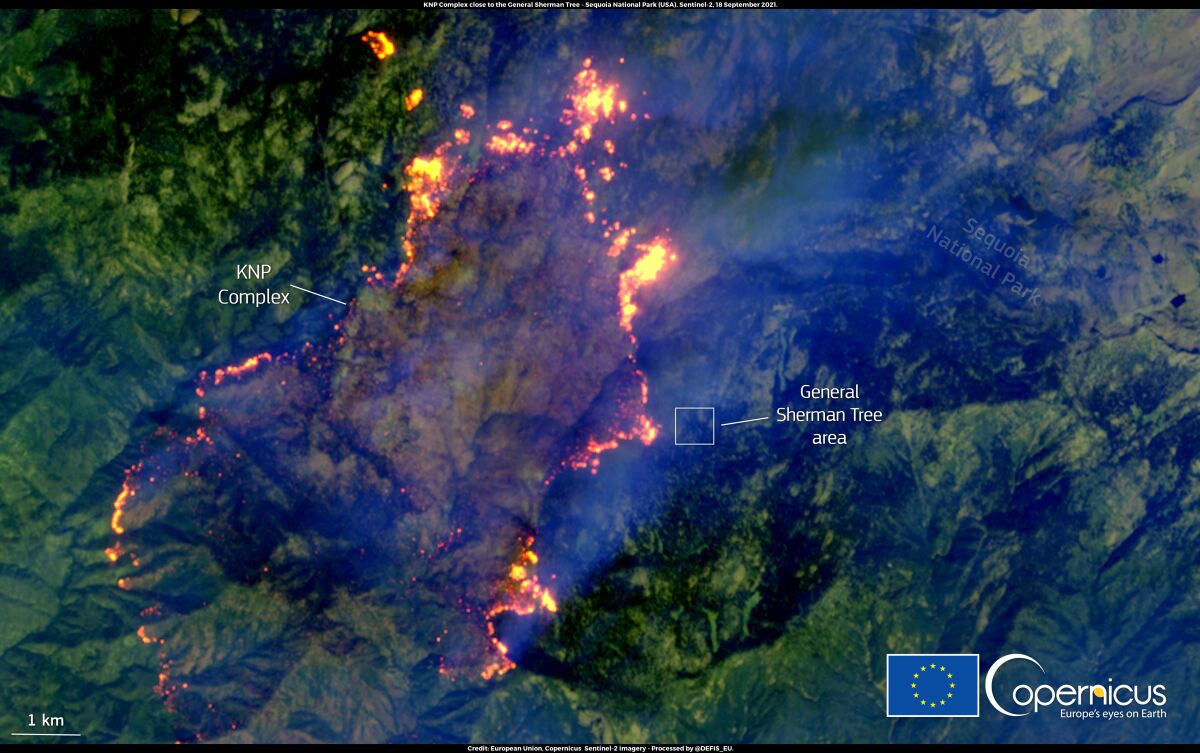 This image by the Copernicus Sentinel-2 satellites on September 18, 2021, shows the KNP Complex fire in California