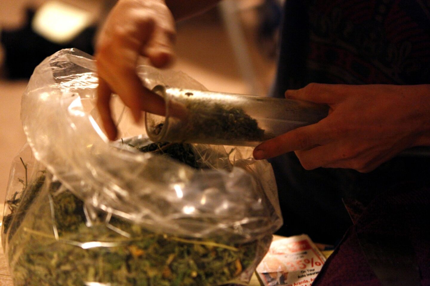 A butane hash "chef" packs a pipe with marijuana trimmings that will be used to make butane hash.
