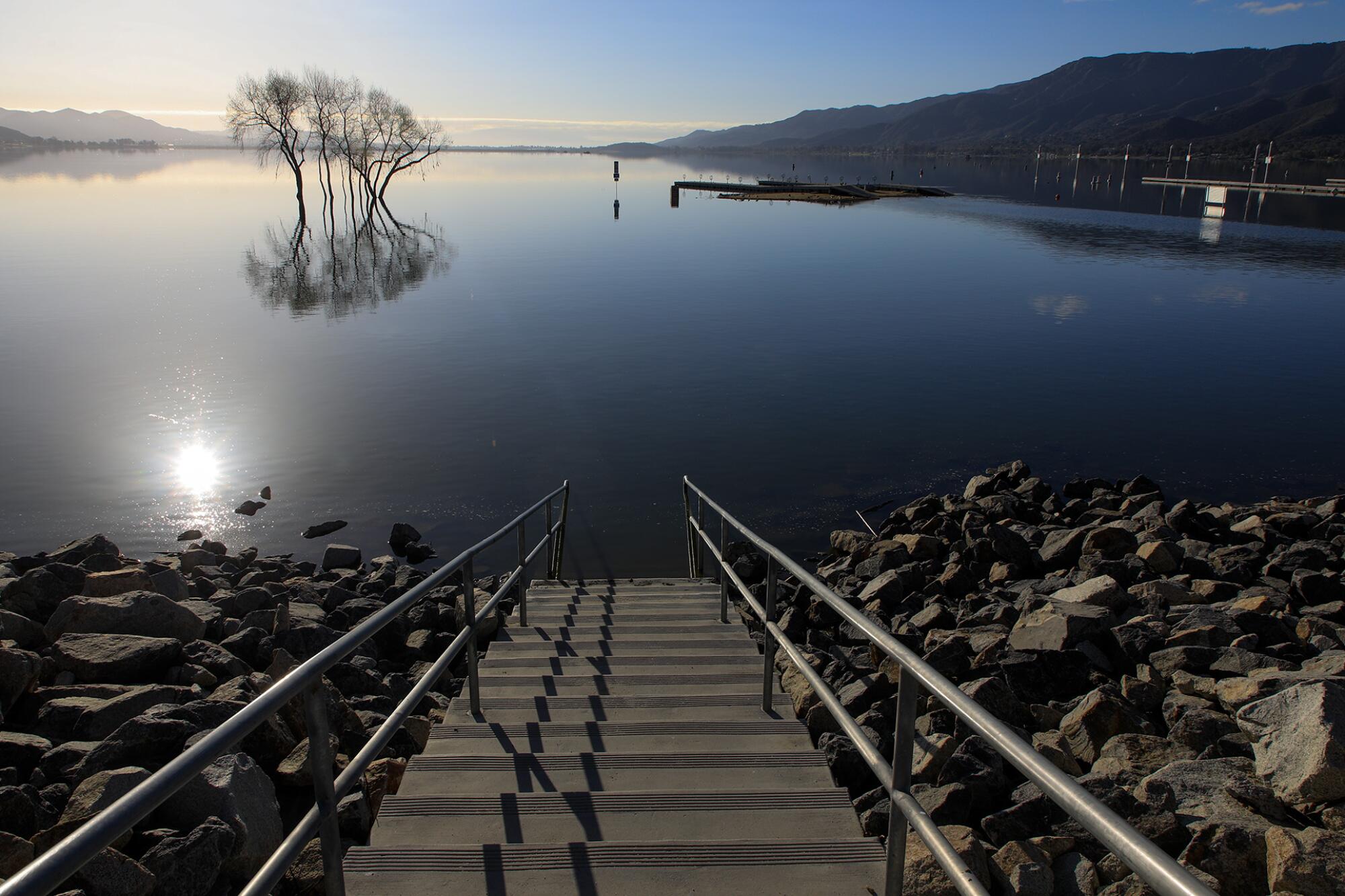 The beach at Launch Pointe marina at Lake Elsinore is now completely covered with water.