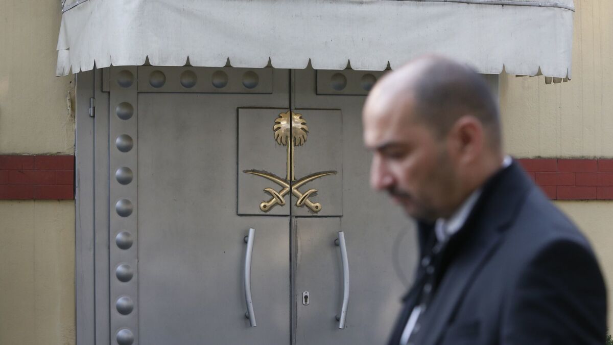 Security personnel guard Saudi Arabia's consulate in Istanbul on Monday.