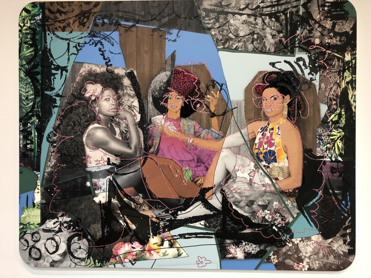 A painted collage of three Black women in poses evoking a painting by Manet is laced with sparkling rhinestones.