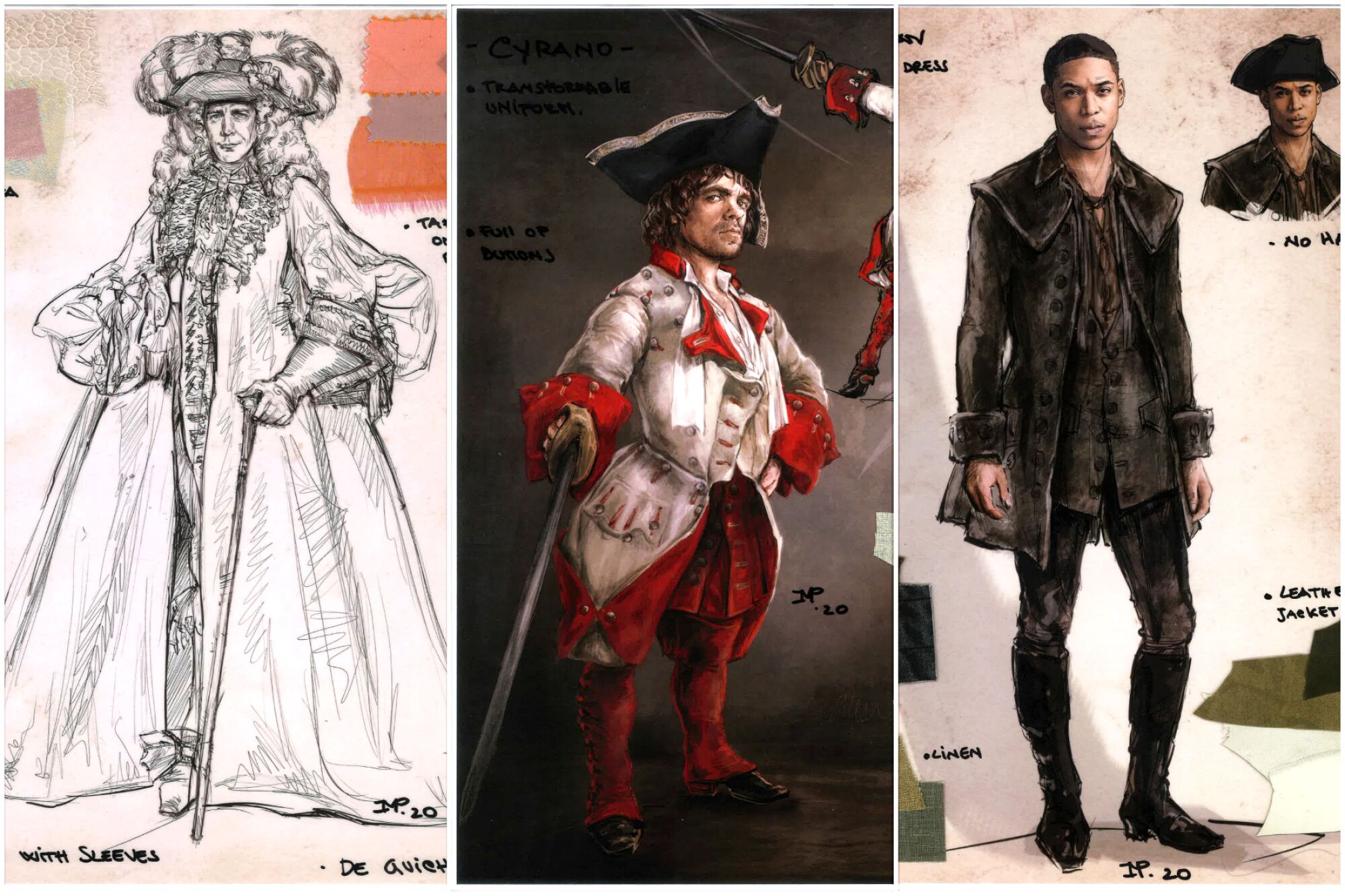 Sketches of costume designs for the characters De Guiche, Cyrano and Christian.