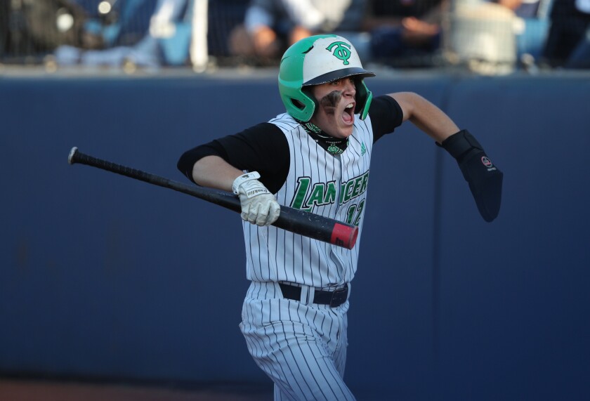 Thousand Oaks' Peyton Miller reacts after scoring the tying run against Trabuco Hills.
