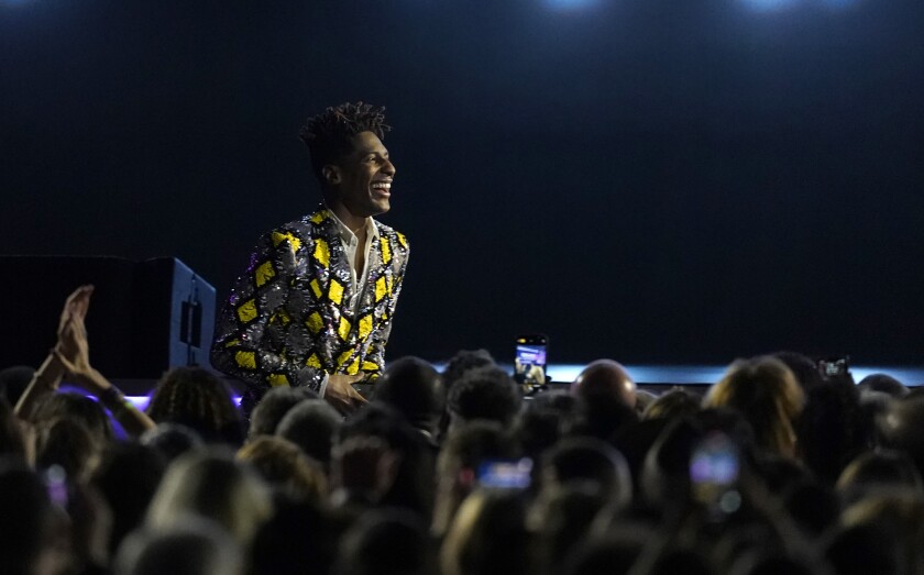 Jon Batiste is seen in the audience before going on stage to accept the award for best music video for "Freedom" at the 64th Annual Grammy Awards on Sunday, April 3, 2022, in Las Vegas. (AP Photo/Chris Pizzello)