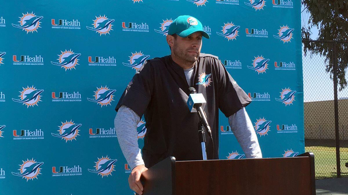 Miami Dolphins coach Adam Gase speaks with reporters before practice in Oxnard on Wednesday. The Dolphins are spending the week practicing in California after leaving Miami several days early to avoid Hurricane Irma.