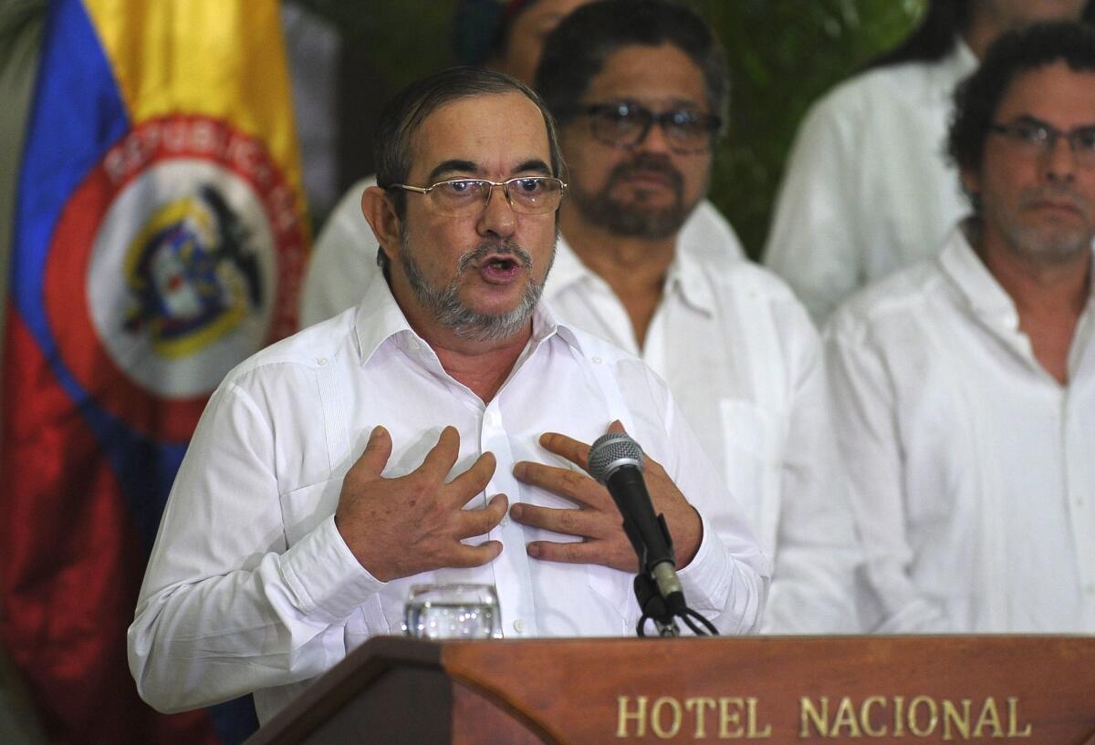 The head of Colombia's FARC leftist guerrilla group, Timoleon Jimenez, known as Timochenko, speaks during a news conference in Havana on Aug. 28, 2016.