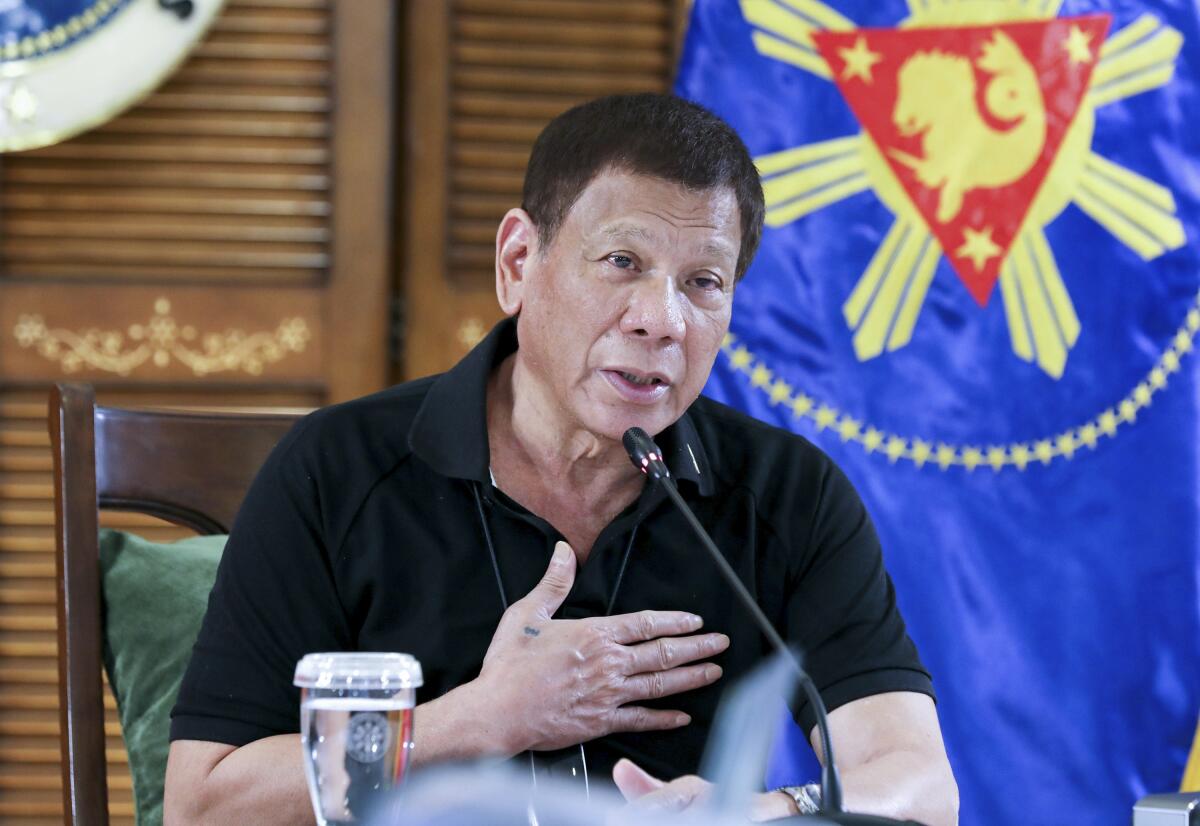 Philippine President Rodrigo Duterte attends a meeting in the Philippines on Aug. 17.