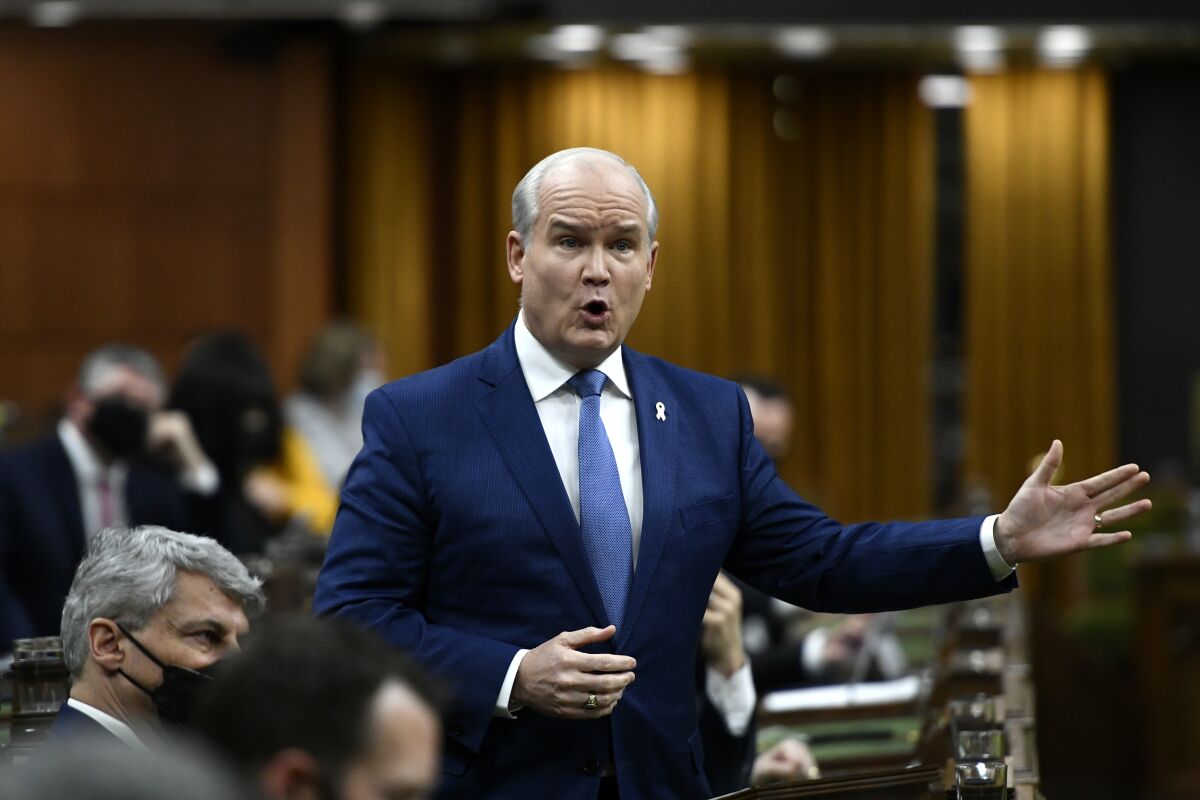 Conservative Leader Erin O'Toole rises during Question Period in the House of Commons on Parliament Hill in Ottawa, Ontario, on Monday, Jan. 31, 2022. (Justin Tang/The Canadian Press via AP)