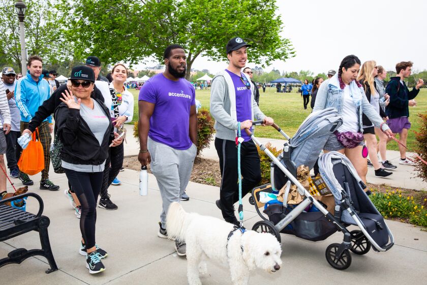 Adults, pets and babies take part in the 19th annual San Diego NAMIWalks in NTC Park at Liberty Station.