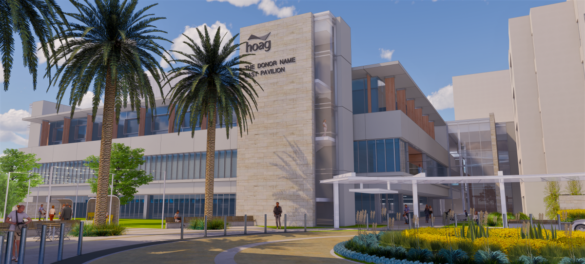 A rendering of the drop-off area of an East Pavilion at a Hoag campus in Irvine that will be named the Sun Family Campus.